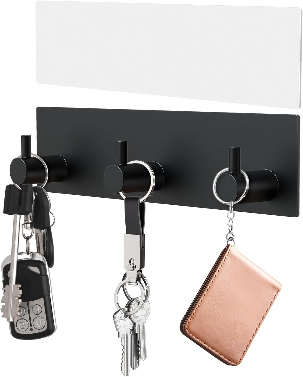 Key Holder Wall Mount, Small Metal Self Adhesive Key Hanger with 3 Hooks, Extra Adhesive Strip, Black